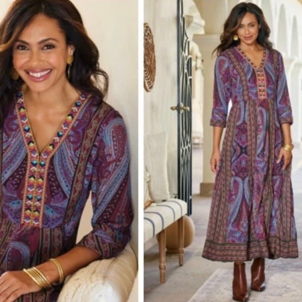 Soft Surroundings Mira Maxi Dress Large Purple Blue Paisley Boho Embroidered